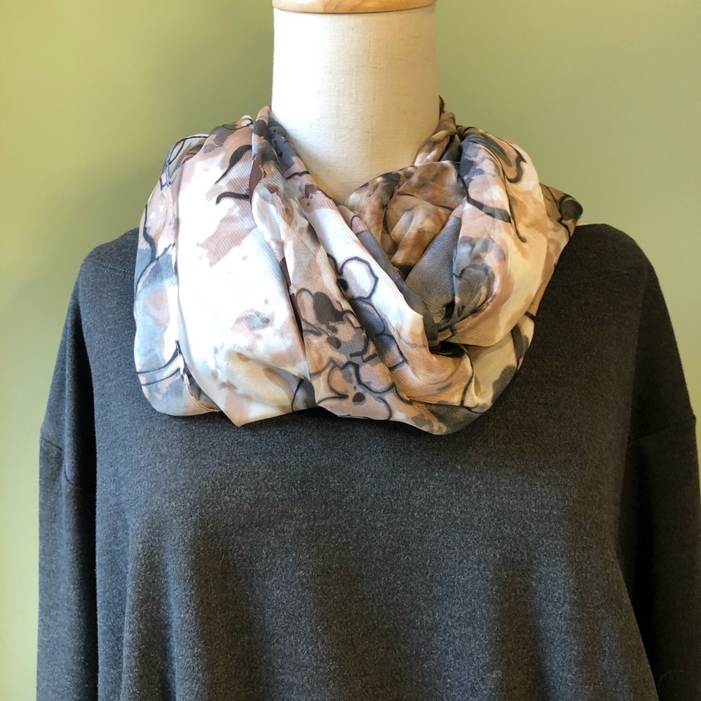 70”X36” Gray, Ivory, Tan, Brown Print Scarf